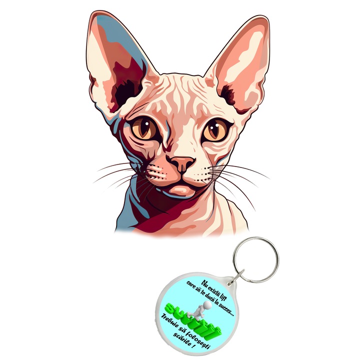 Set sticker decorativ perete, auto si geam, Pisica - Sphynx model 2, 35 CM si breloc succes