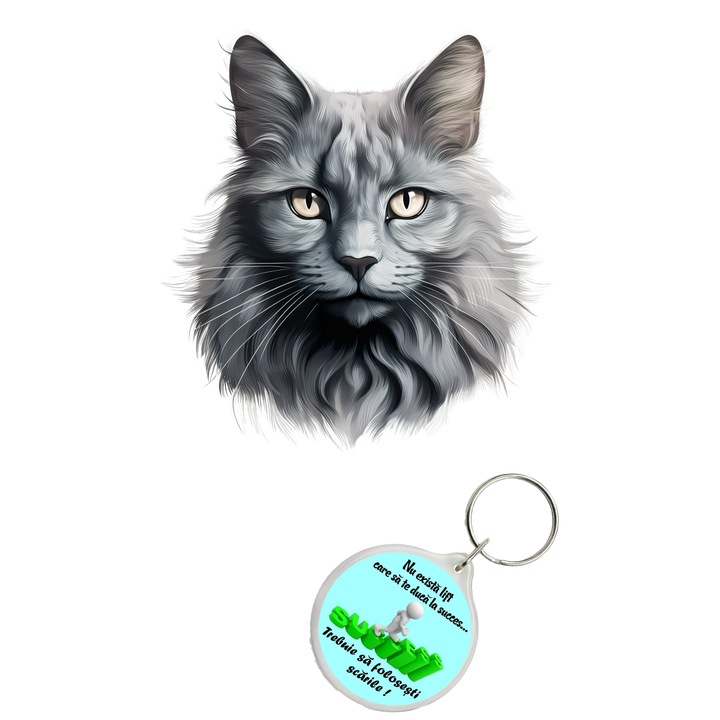 Set sticker decorativ perete, auto si geam, Pisica - Nebelung model 1, 40 CM si breloc succes