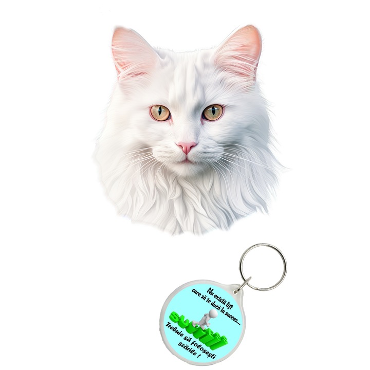 Set sticker decorativ perete, auto si geam, Pisica - Turkish Angora model 1, 35 CM si breloc succes