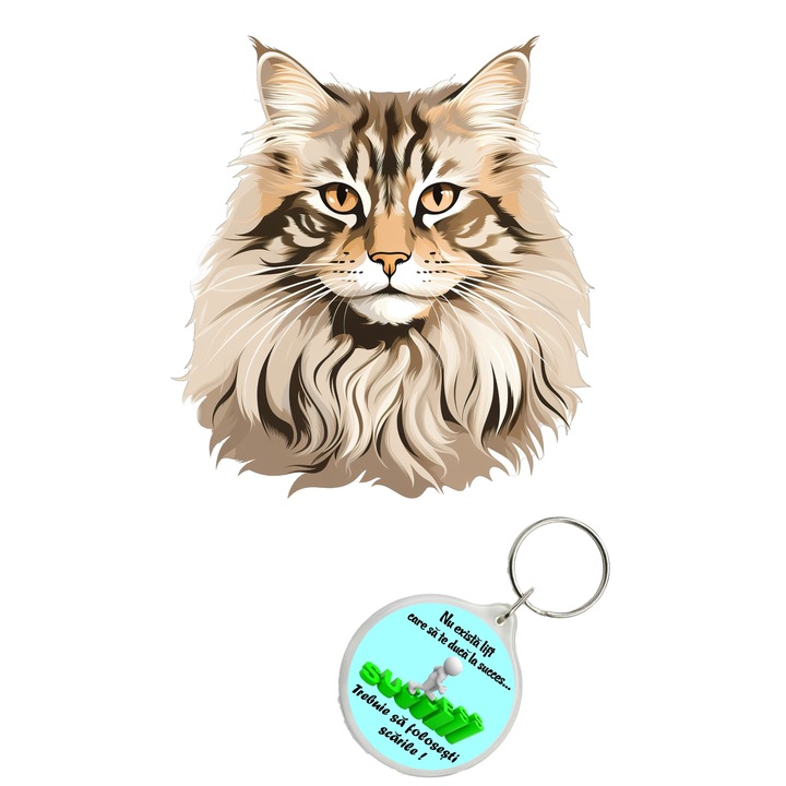 Set sticker decorativ perete, auto si geam, Pisica - Siberian model 10, 40 CM si breloc succes