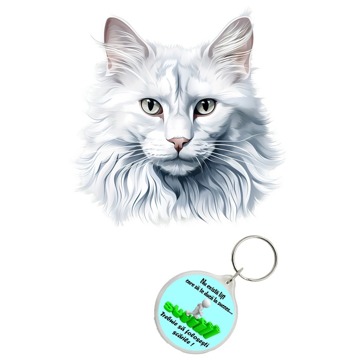 Set sticker decorativ perete, auto si geam, Pisica - Turkish Angora model 2, 35 CM si breloc succes