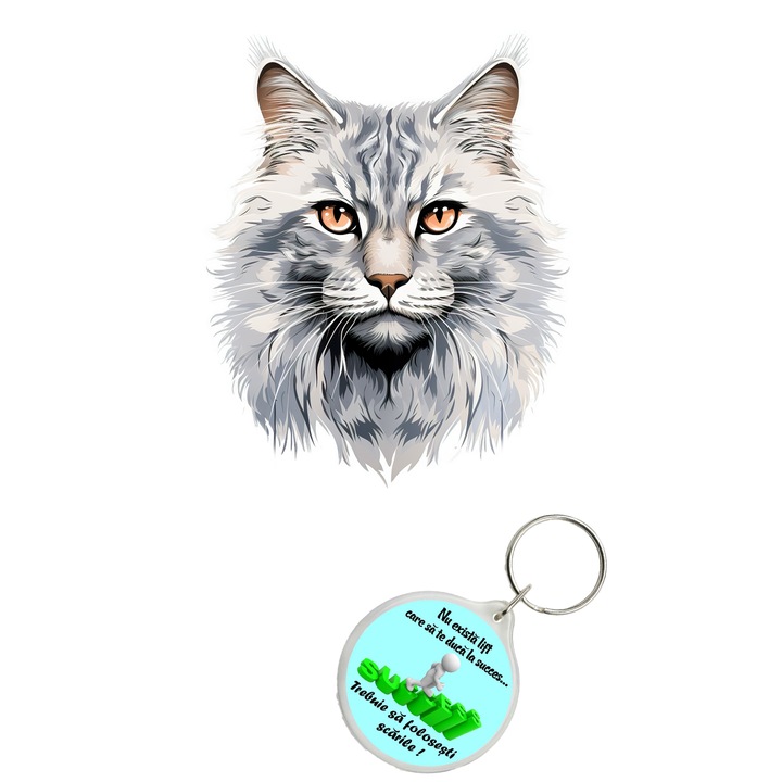 Set sticker decorativ perete, auto si geam, Pisica - Siberian model 11, 35 CM si breloc succes