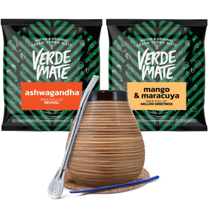 Ceai Yerba Mate, Verde Mate Mango Maracuya, Ashwagandha, 2x50g, Cana Maro Miere, 350 ml, Bombilla