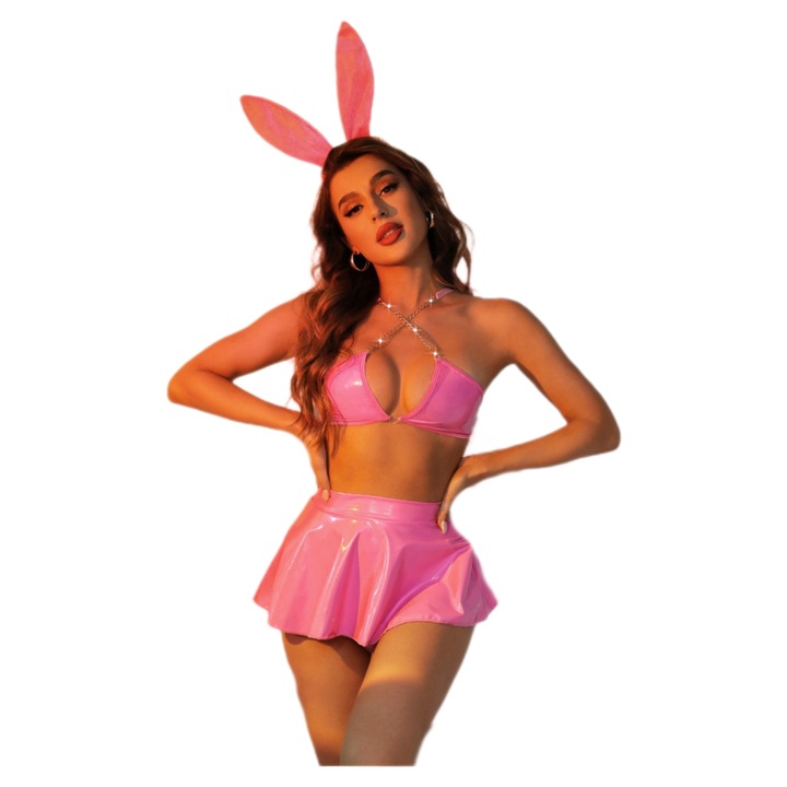Set de lenjerie sexy iepuras din vinil, 4 piese, culoare roz, marime M