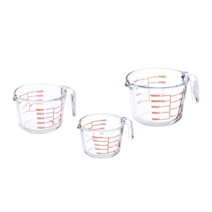 Set 3 cani gradate, din sticla borosilicata, 250 ml, 500 ml, 1 l