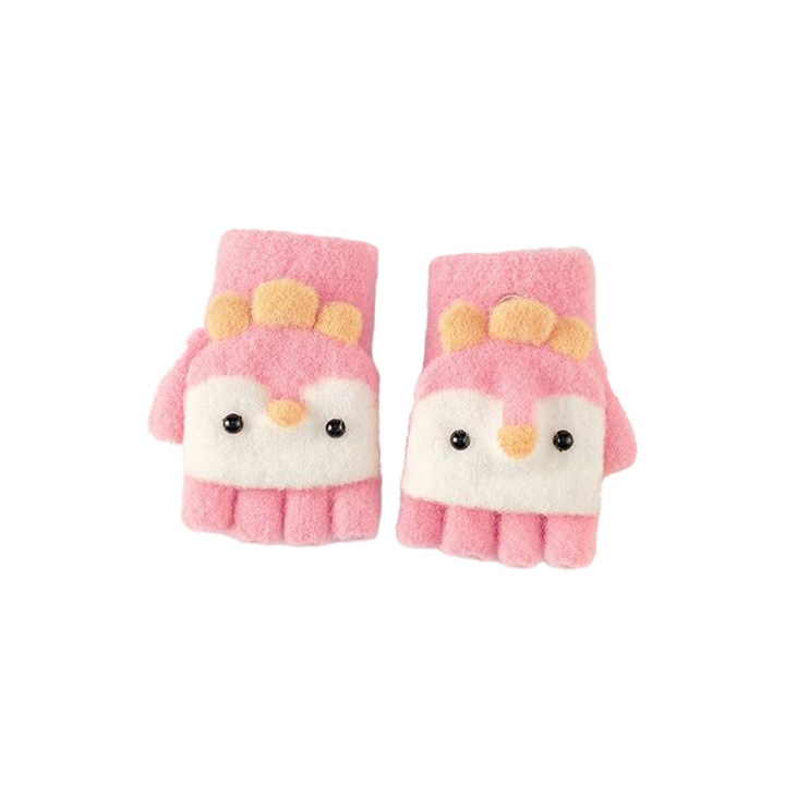 Manusi pentru copii, model cu degetele descoperite si capac decapotabil, accesorizate cu pinguini poznasi, tematica happy feet, marime 1 – 5 ani, roz inchis, EFAYN