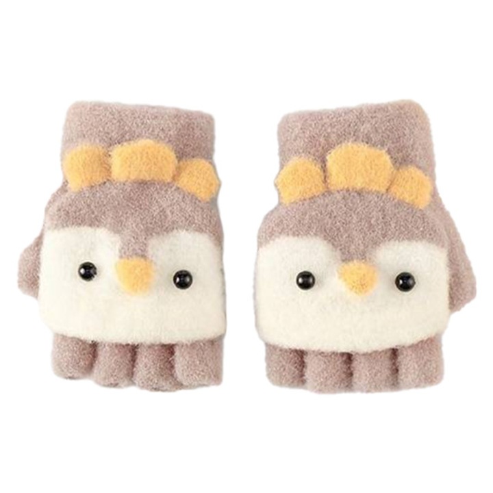 Manusi pentru copii, model cu degetele descoperite si capac decapotabil, accesorizate cu pinguini poznasi, tematica happy feet, marime 1 – 5 ani, maro, EFAYN