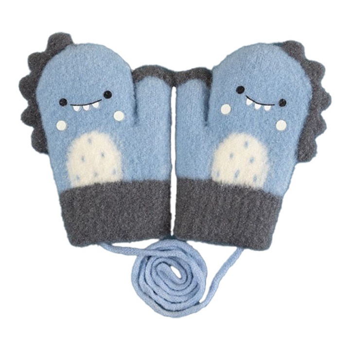Manusi cu snur pentru copii, model cu dinozaur, cu un singur degetel, captuseala calduroasa, tematica hi5 dino, EFAYN, Albastru
