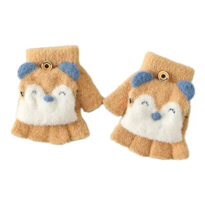 Manusi pentru copii, model cu degetele descoperite si capac decapotabil prindere cu nasture, manseta elastica, accesorizate cu puisor vesel, tematica happy winter, marime 1 – 5 ani, mustar, EFAYN