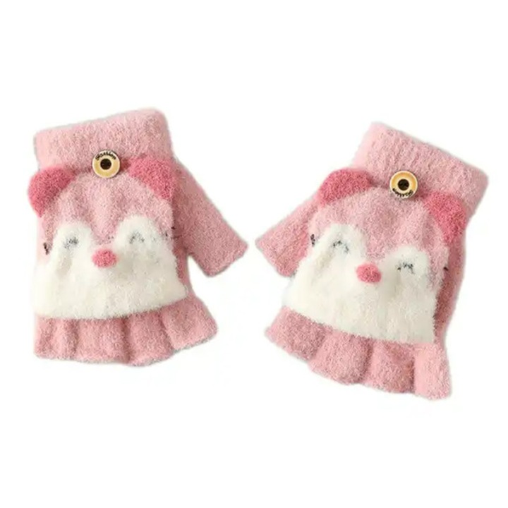 Manusi pentru copii, model cu degetele descoperite si capac decapotabil prindere cu nasture, manseta elastica, accesorizate cu puisor vesel, tematica happy winter, marime 1 – 5 ani, roz, EFAYN