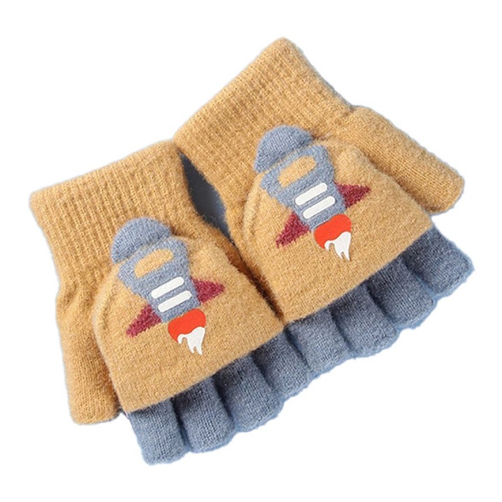 Manusi pentru copii, model cu degetele descoperite si capac decapotabil prindere cu nasturel, manseta elastica, imprimeu grafic racheta, tematica space man, marime 7 – 9 ani, maro deschis, EFAYN