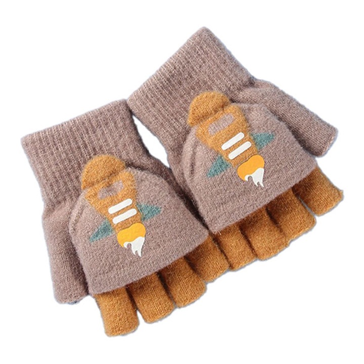 Manusi pentru copii, model cu degetele descoperite si capac decapotabil prindere cu nasturel, manseta elastica, imprimeu grafic racheta, tematica space man, marime 7 – 9 ani, maro inchis, EFAYN