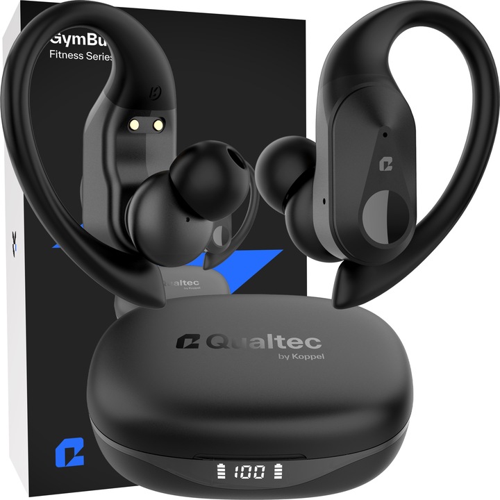 Casti wireless sport, Qualtec by Koppel®, Bluetooth 5.3, alergare, audio, fara fir, in-ear, microfon handsfree, pentru telefon, USB Type-C, true wireless, universale, rezistente la transpiratie, afisaj LED, GymBuds, negru