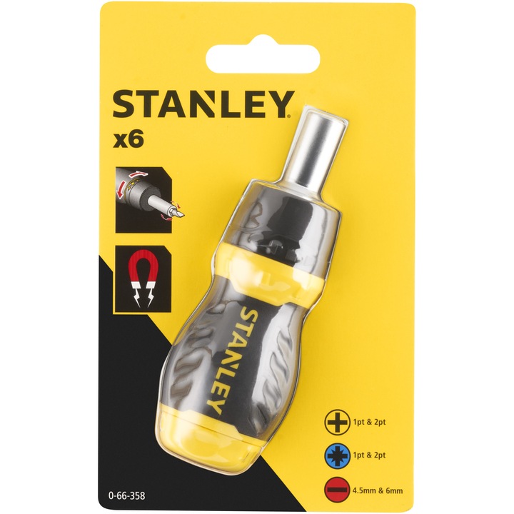 Магнитна отвертка с тресчотка Stanley STUBBY 0-66-358, 6 накрайника, Дължина 155 мм