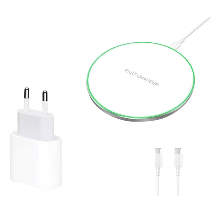 Set Incarcator Wireless super Fast Charging 15W, Pad QI compatibil cu iPhone 15, 14, 13 pro max, 20W adaptor PD usb-c, QUANDES® alb