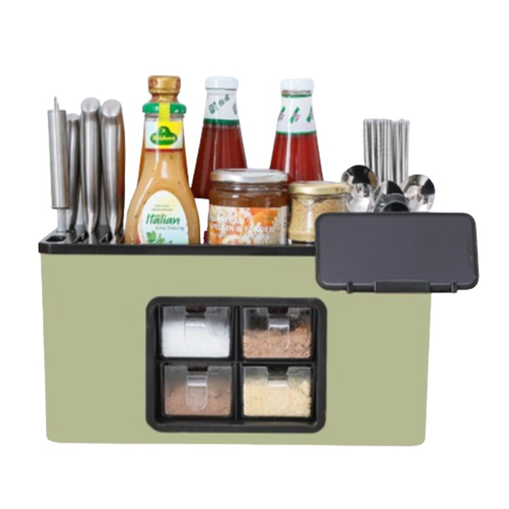 Organizator Multifunctional pentru Bucatarie Teno®, 4 Compartimente, raft condimente, suport detasabil telefon, tavita de scurgere, suport tacamuri/ustensile, verde deschis