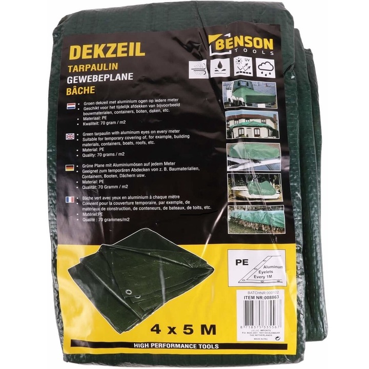 Vízálló ponyva alumínium gyűrűkkel 5x4 m, Benson Profi, szél és UV álló, megerősített szegély, zöld