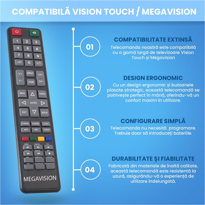 Telecomanda KNTECH, 32DM6500 compatibila Star-Light, Vision-Touch, Megavision, Smart-Tech, Diamant, neagra, baterii incluse