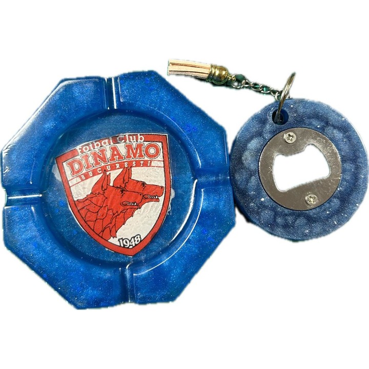Scrumuiera si desfacator sticle, handmade, din rasina epoxilica, de culoare albastra, forma rotunda cu sigla Dinamo, diametrul 110 mm