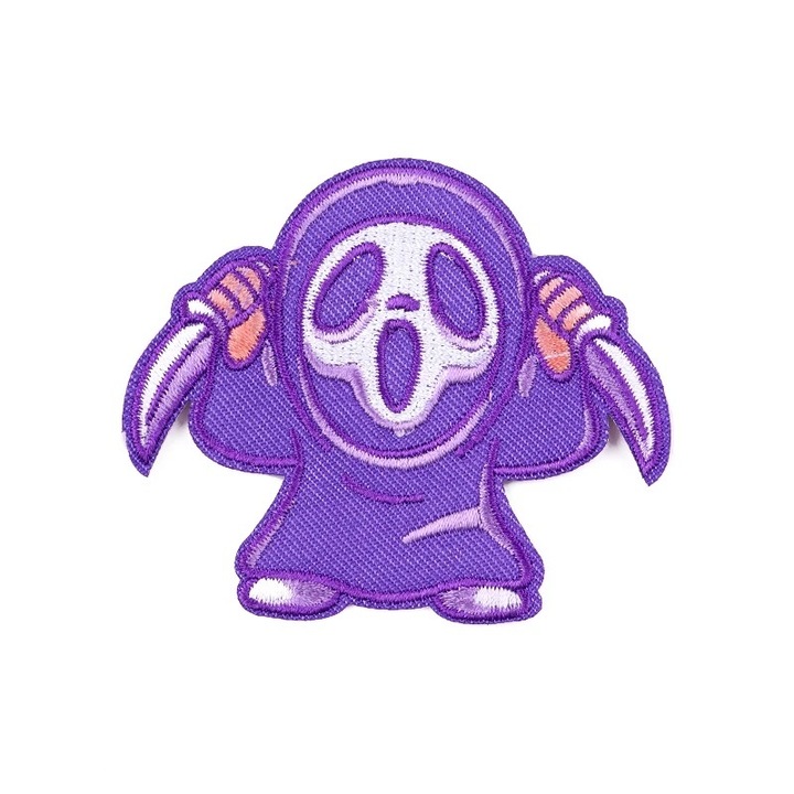 Petic textil brodat Knives Out, moarte cu cutite 7x6 cm