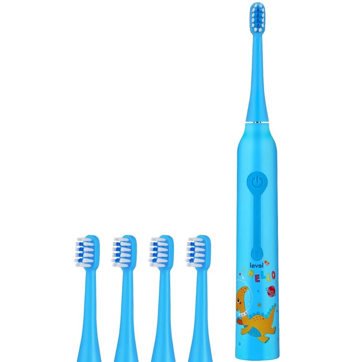 Periuta de dinti electrica pentru copii, level444 Junior, sonica, 6 capete de utilizare, 3 functii clean/white/polish/milder/sensitive, rezistenta la apa, unisex, incarcare usb, albastru