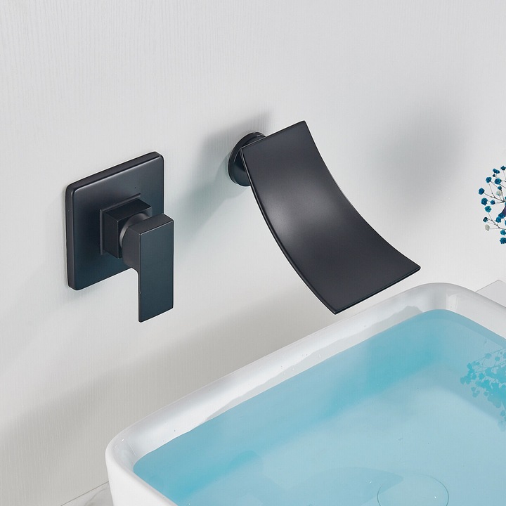 Baterie Chiuveta/Lavoar Baie BisDesign®, Finisaj Negru Mat, Pipa Tip Cascada, Incastrabila, Dimensiune 18 cm