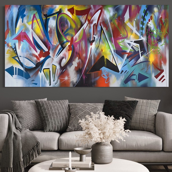 Tablou Canvas Premium, LuxCanva® A1210, Graffiti Blue, 40 X 80 CM, Panza Bumbac 100% 400g/m2, Sasiu Lemn, Decorativ, Living, Arta Stradala, Colorat, Hol, Culori Vibrante