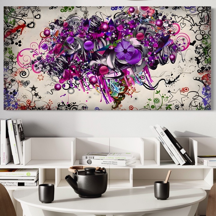 Tablou Canvas Premium, LuxCanva® A1213, Art Flowers, 40 X 80 CM, Panza Bumbac 100% 400g/m2, Sasiu Lemn, Decorativ, Living, Colorat, Flori, Inimi, Mov, Dormitor, Culori Vibrante