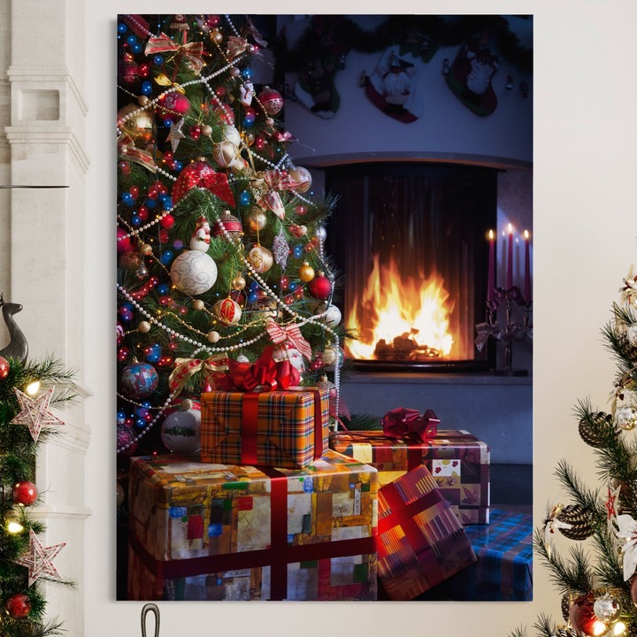 Премиум картина върху платно, LuxCanva® A1256, Коледна елха, 100 X 140 СМ, 100% памучно платно 400 г/м2, дървена рамка, декоративна, хол, подаръци, елха, камина, спалня, ярки цветове