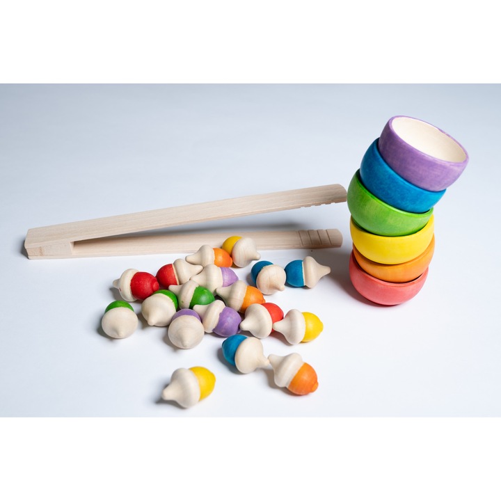 Joc educativ Montessori, set 25 piese pentru sortare si potrivire culori Ghinde, boluri si cleste