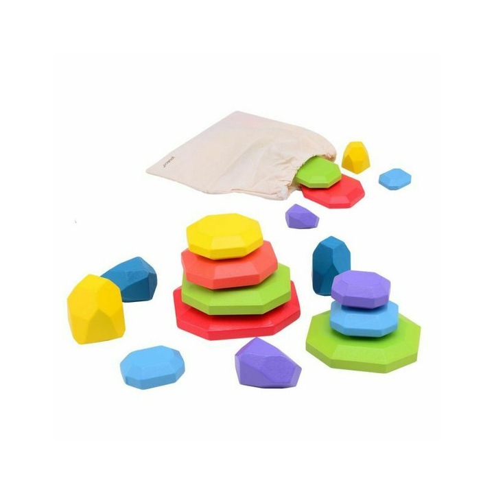 Set 13 pietre curcubeu pentru stivuit, Joueco, Din lemn certificat FSC, 26 x 21 x 5 cm, 3 ani+, Conform cu standardul de siguranta EN71, Multicolor