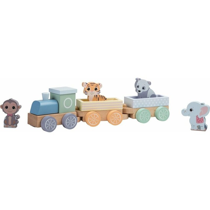 Trenulet din lemn, Joueco, certificat FSC, Cu locomotiva si doua vagoane, Include 4 figurine in forma de maimuta, tigru, elefant si panda, 18 luni+, Multicolor