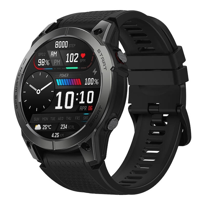 Смарт часовник Zeblaze Stratos 3, AMOLED дисплей 1.43 инча, GPS, телефонен разговор, пулс, крачкомер, черен, INN-058334