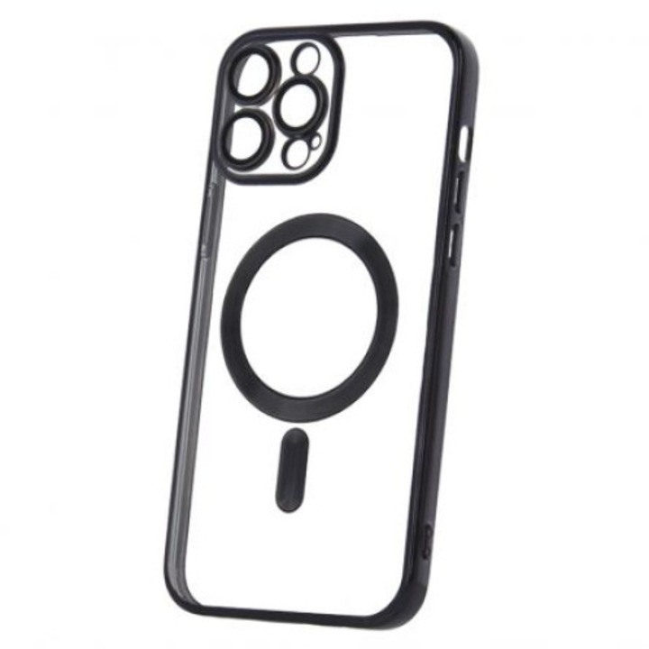 iPhone 15 Pro Max (6.7") szilikon tok, TPU tok, kamera védelem, magsafe, króm keretes, fekete, Color Chrome Mag