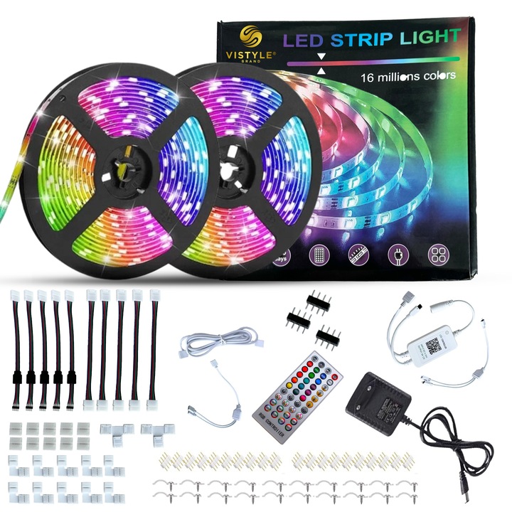 Kit Banda LED VISTYLE™, 5050 RGB, Interior, Lungime 20m (2 x 10m), Lumina Multicolora, Adeziva, 60 Leduri/m, Bluetooth, Control din Aplicatie, Telecomanda si Kit conectori incluse