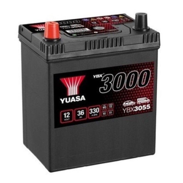 Baterie auto YUASA YBX 3000 ASIA YBX3055, 12 V, 36 Ah, 330 A, 187x127x227 mm, borna inversa stanga plus