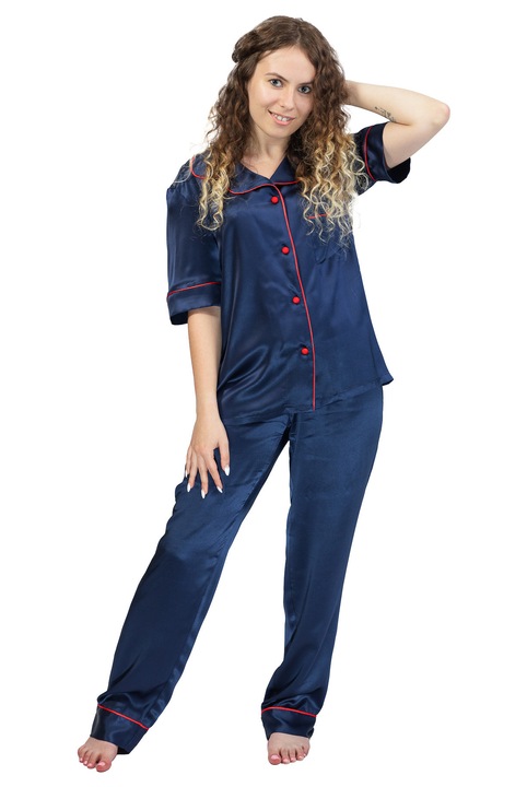 Pijama dama, din matase naturala 100%, de dud 19 momme 6 A, cu vipusca si nasturi rosii, Bleumarin inchis, XL