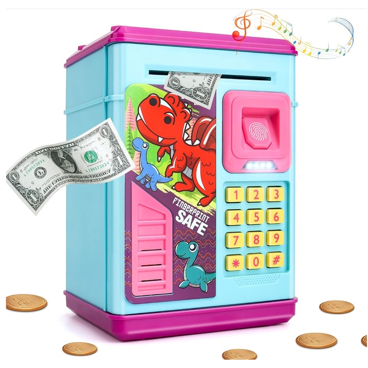 Pusculita electronica interactiva pentru copii Money Safe, cu cifru si amprenta, muzicala, pentru bacnote si monezi