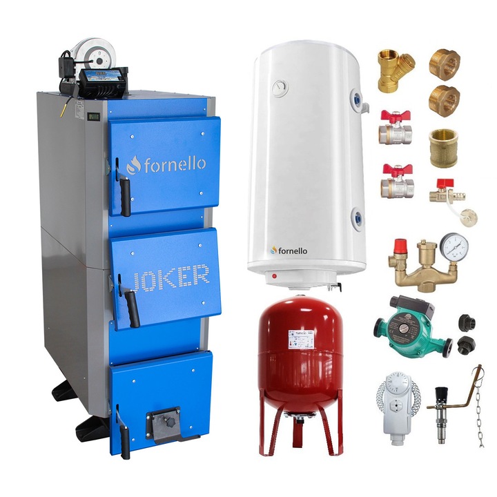 Set centrala pe combustibil solid, (lemn, carbune), Fornello Joker 24 kW, Boiler, Vas Expansiune, Pompa, Fitinguri Montaj