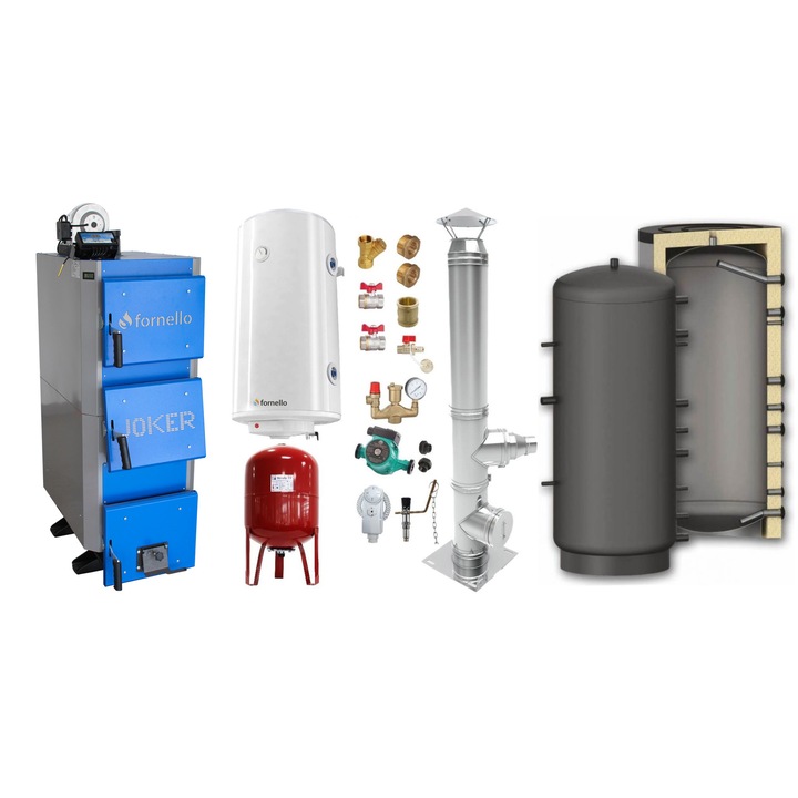 Set centrala pe combustibil solid, (lemn, carbune), Fornello Joker 24 kW, Puffer 800 litri, Cos Inox, Boiler, Vas Expansiune, Pompa, Fitinguri Montaj