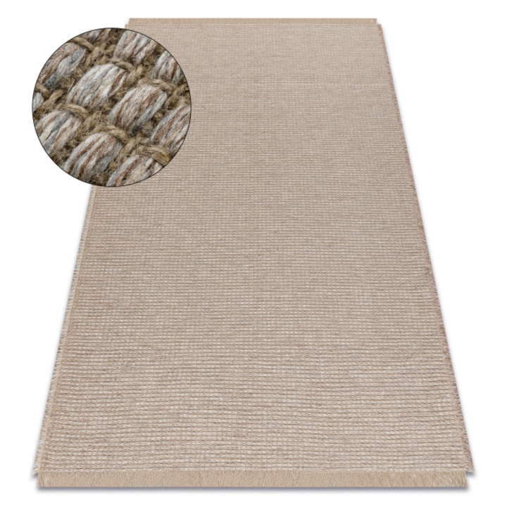 Covor jute 3652 bej / gri culoare - iuta, DYWANY ŁUSZCZÓW tesut plat, franjuri, 200x290 cm