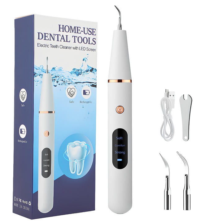 ACTIFAN Készülék fogak tisztítására, fogkő eltávolítására, füstfoltok, ultrahangos rezgések, 3 üzemmód, LED világítás, vízálló, rozsdamentes acél, USB töltés, 500 mAh akkumulátor, 0,8 watt teljesítmény, 37 kHz frekvencia, néma