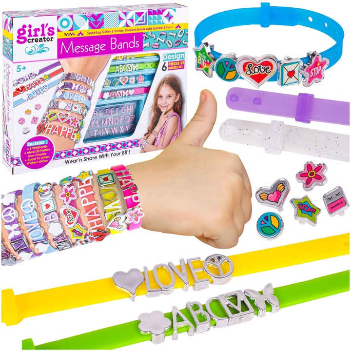 Kit realizare bratari personalizate cu nume sau diferite texte, 6 bratari, 20 de pandantive fashion si 76 de litere roz si argintiu SOLTOY™ Bands