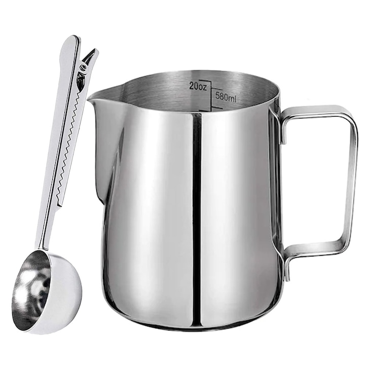 Set latiera pentru spumare lapte cu gradatie si lingurita dozatoare cafea/ceai, Quasar & Co.®, cu maner si cioc, cu clema de inchidere, cana barista, inox, 600 ml, argintiu