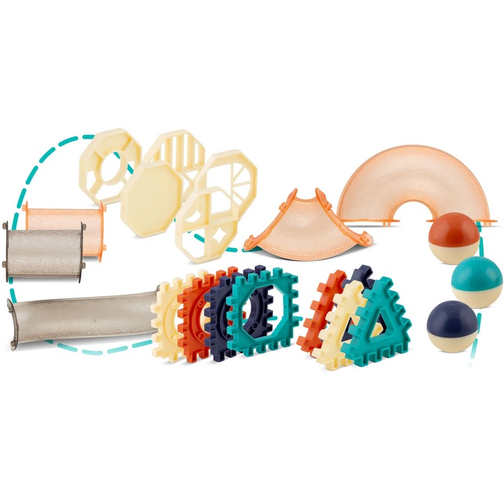 Set de construit cu piese magnetice DacEnergy©, dezvoltarea abilitatilor motorice fine, exerseaza coordonarea mana-ochi, cu tobogan, blocuri de constructie, autocolante, bile, 110 de elemente