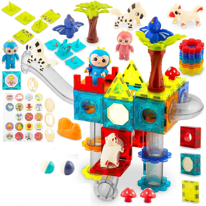 Set de construit cu piese magnetice DacEnergy©, stimuleaza creativitatea si imaginatia, exerseaza coordonarea mana-ochi, numeroase elemente de constructie, figurine de animale si oameni, 107 de elemente