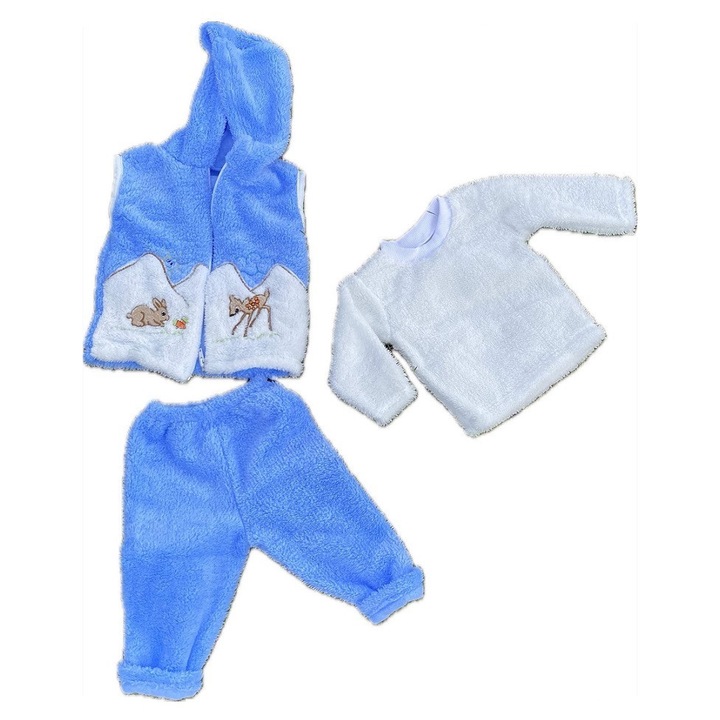 Compleu Copii 3 Piese, Unisex, Pentru Toamna-Iarna, Din Plus Moale, - Bluza, Pantaloni si Vesta Pufoasa cu Gluga, 90 CM, Albastru, Madette Line