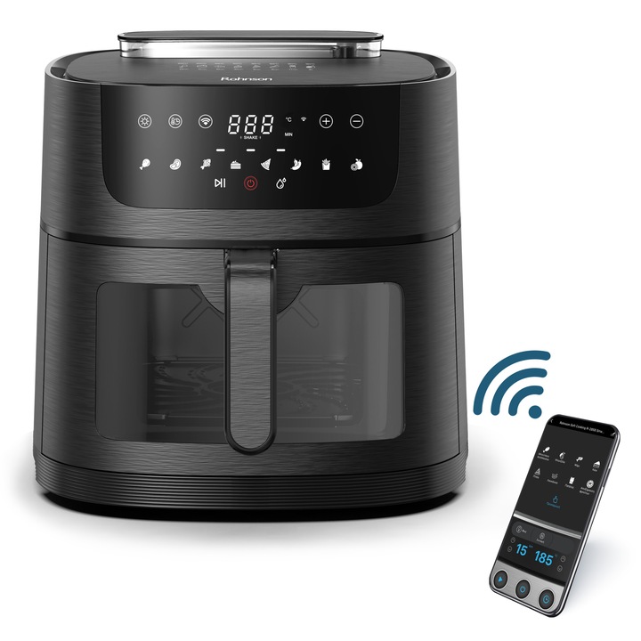 Friteuza cu aer cald si tehnologie Wi-Fi, Rohnson R2858 SmartChef XL 2, 1800W, volum recipient 8L, 8 programe automate de gatit, temporizator, setare 80-220 ° C, tehnologie Soft Cooking, sistem de incalzire uniform 3D la 360°, protectie supraincalzire