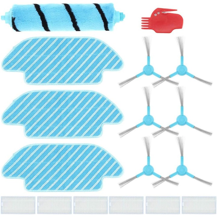 Комплект аксесоари за прахосмукачката робот Cecotec Conga 4090, състоящ се от 1 основна четка, 6 странични четки, 6 HEPA филтъра, 3 кърпи за моп, 1 аксесоар за почистване