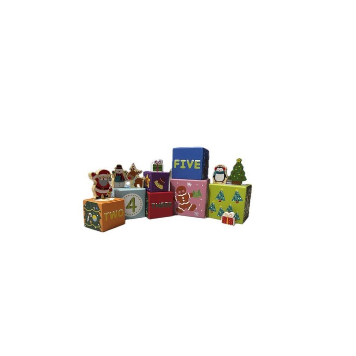 Set Joc de cuburi XMAS, stivuibile si incastrabile si 7 figurine, multicolor